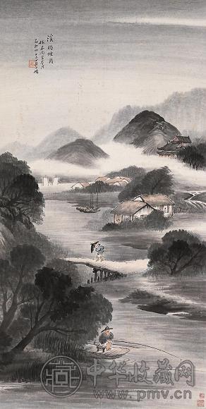 吴石僊 乙卯(1915年)作 溪桥烟雨 立轴 设色纸本