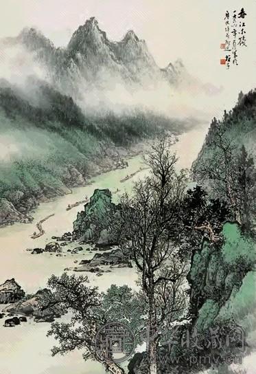 黎雄才 1966年作 春江木筏图 轴 纸本设色