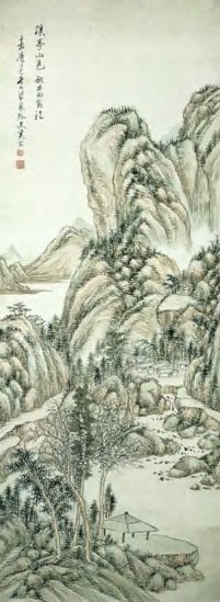 奚冈 近现代 溪亭山色 轴