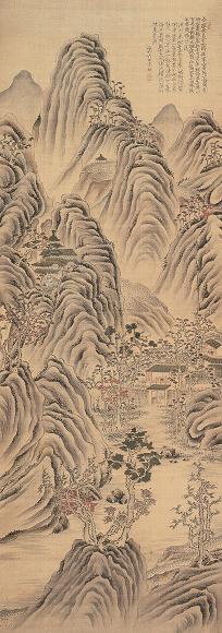 田能村竹田 山阁清话图 立轴 设色绢本