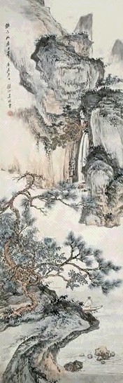 吴镜汀 1940年作 荡舟观瀑 立轴 设色纸本