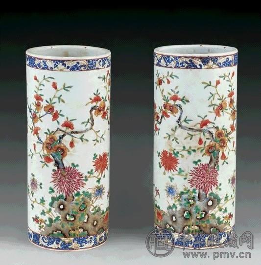 民国 粉彩花卉纹帽筒(1对)
