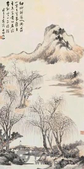 申石伽 山水人物 立轴 设色纸本