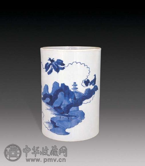 清康熙 青花山水笔筒