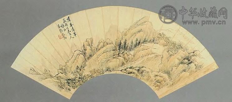 张之万 群峰耸翠图 扇面 设色纸本