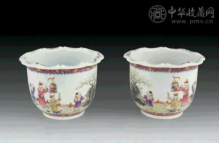 民国 粉彩婴戏图花盆(1对)