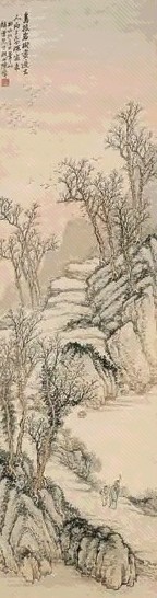 陈摩 林间策杖 立轴 设色纸本