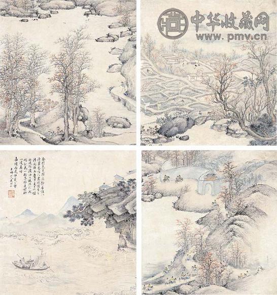 文伯仁 一五五六年作 山水 册页(10开选4) 设色纸本