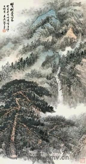 俞子才 双松叠翠 立轴 设色纸本