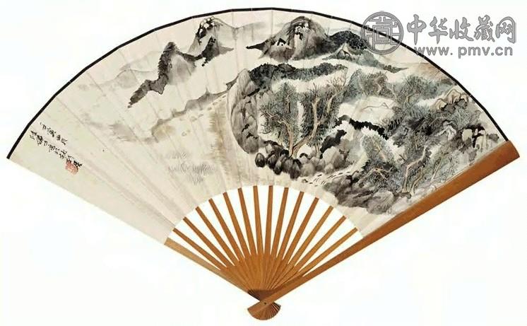 陆俨少 云岭村树图并草书东坡诗 成扇