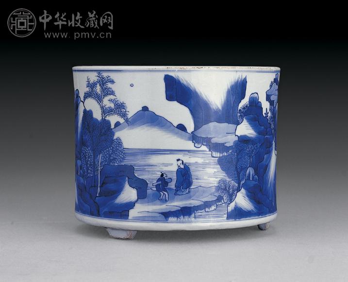 清康熙 青花山水人物笔筒