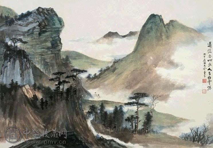 张大千 白云春草图 镜心 设色纸本