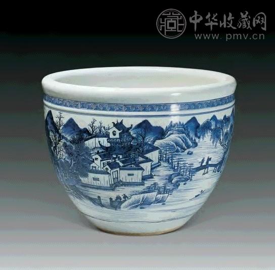 清雍正 青花通景山水纹缸