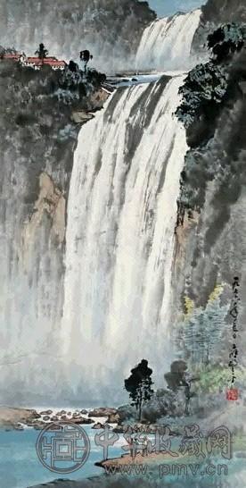 应野平 1976年作 观瀑图 立轴 设色纸本