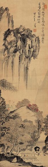 溥儒 癸酉(1933年)作 水阁读书图 立轴 设色绢本