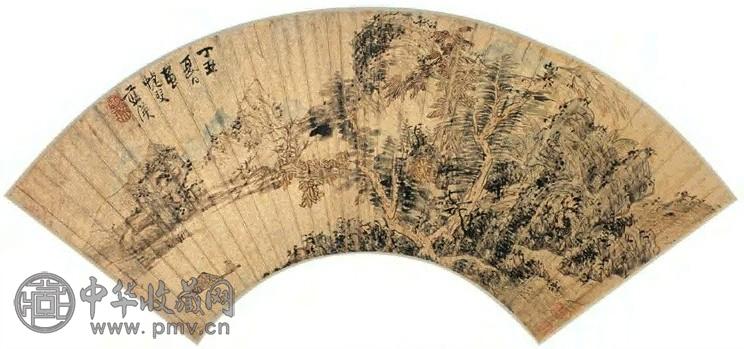 蓝瑛 1637年 静观图 扇页 设色金笺