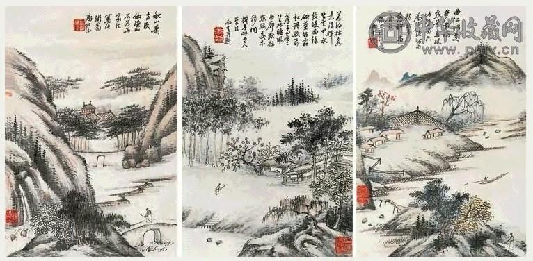 汤贻汾 山水人物 册页 设色纸本