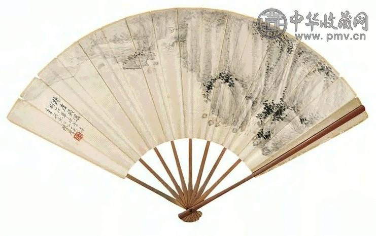 陈摩 剑秋 1919年作 悬崖飞瀑 行书 成扇 设色纸本