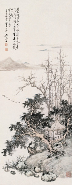 吴琴木 湖亭望雁图 立轴 设色纸本