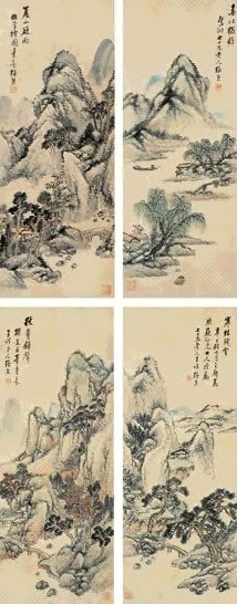 张熊 1881年作 四季山水 四屏 设色纸本