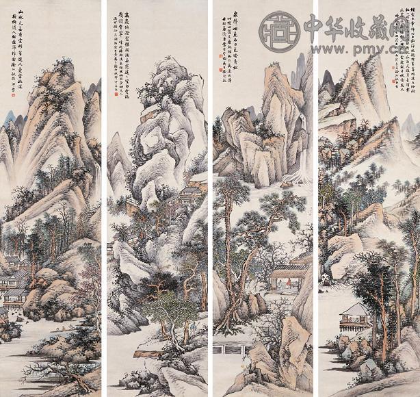 徐行敏 丙辰(1916年)作 山水 四屏 设色纸本