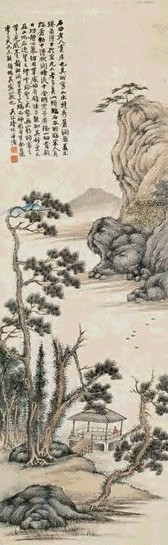 陆恢 林亭望江图 立轴 设色纸本