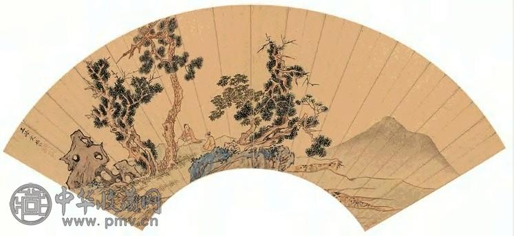 文伯仁 松岩清兴 扇面 泥金设色