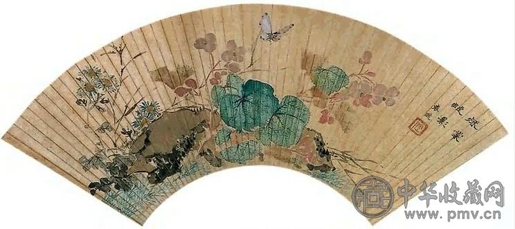 袁逸 花蝶 扇面 设色金笺