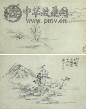 弘仁 儗云林画意(1对) 册页 水墨纸本