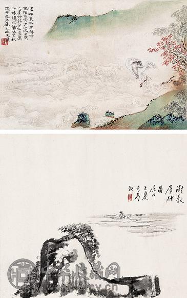 贺天健 唐云 1933、1980年作 曹娥寻父图 立轴 水墨 设色纸本