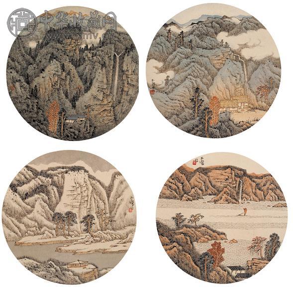 宋玉麟 山水四景 屏轴 设色纸本