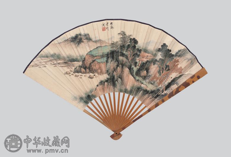 溥伒 山水 书法 成扇 纸本