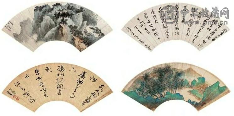 谢稚柳 甲辰(1964年)作 云山图·行书七言诗、书画合璧 扇面 水墨、设色纸本、绿笺