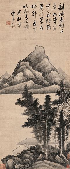 龚贤 江郊村舍图 立轴 水墨纸本