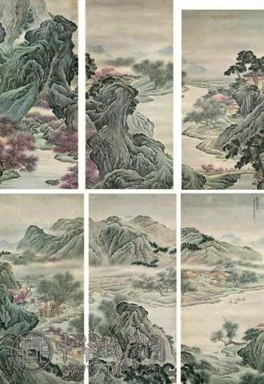 何海霞 1937年作 桃源图 六屏 设色绢本