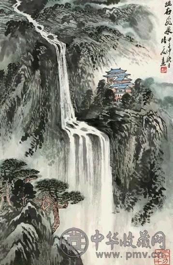 陆一飞 1984年作 幽谷飞泉图 立轴 设色纸本