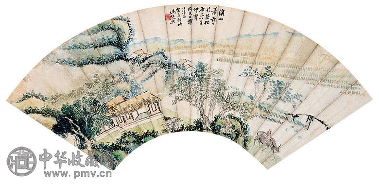 冯超然 溪山萧寺 扇面 设色纸本