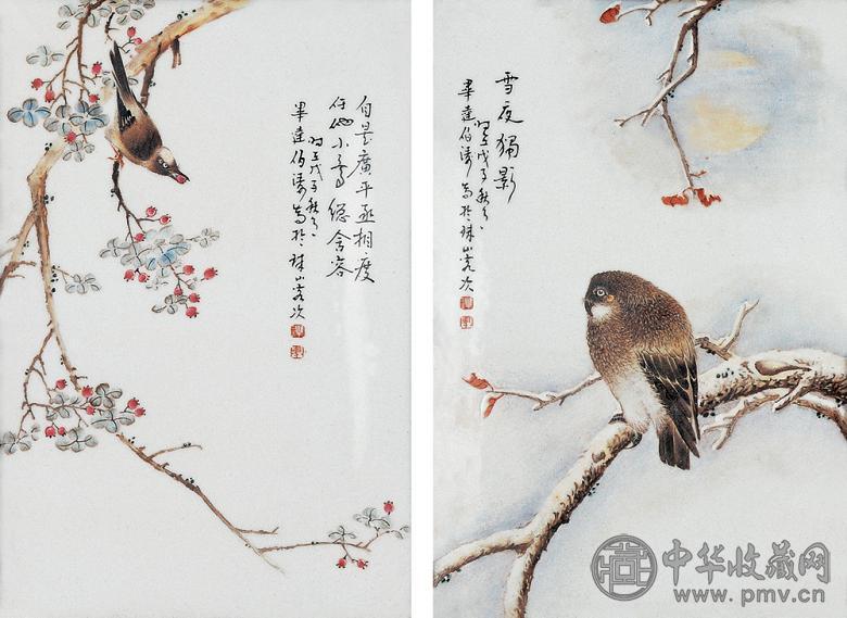 民国 毕伯涛花鸟瓷板挂屏(1堂2屏)