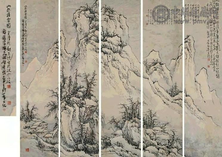 郑乃珖 山村积雪图 一堂五通 景屏 设色纸本