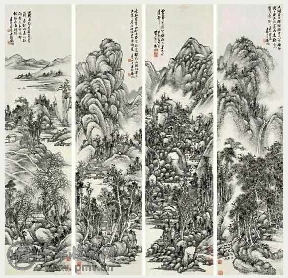 吴待秋 山水一堂四屏四屏水墨纸本