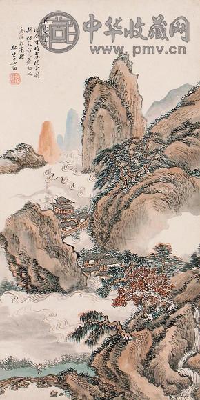 姜筠 秋山萧寺 立轴 设色纸本