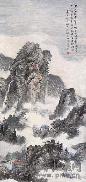 陆恢 深山楼阁图 立轴 设色纸本