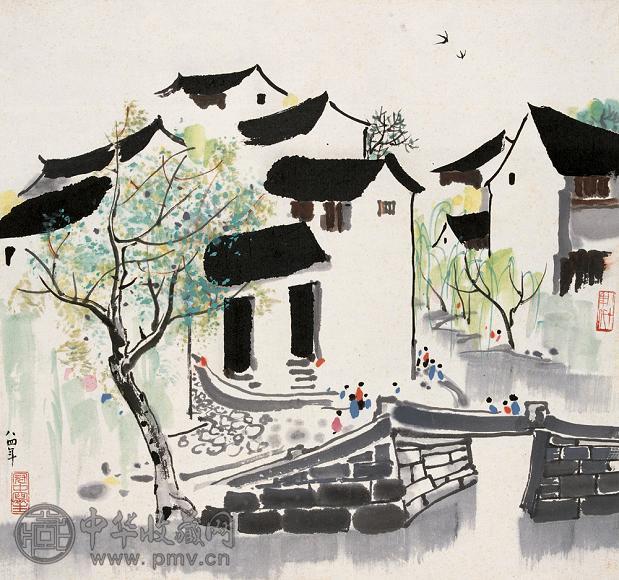 吴冠中 1984年作 水乡 立轴 设色纸本