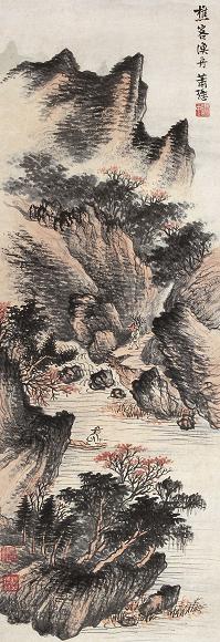 萧愻 渔舟樵客图 立轴 设色纸本