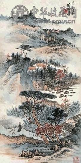 萧愻 1940年作 携琴访友 立轴 设色纸本