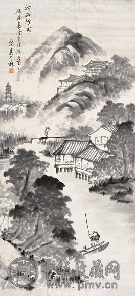 吴石僊 溪山烟雨 立轴 纸本