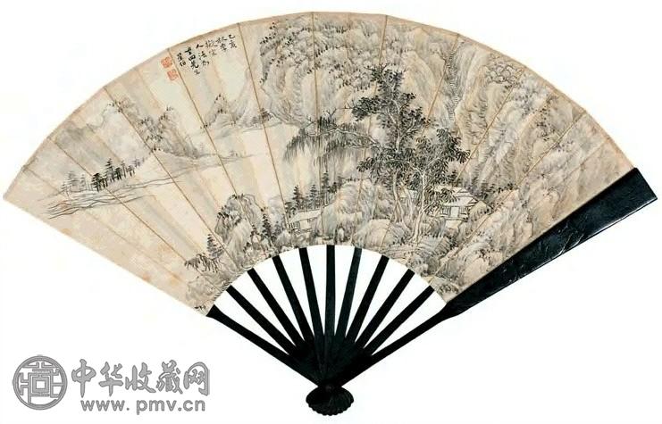 1935年 星伯 林峰深隐图并隶书五言诗 成扇 水墨金笺