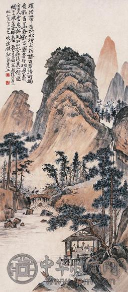 诸健秋 古翠听泉图 立轴 设色纸本