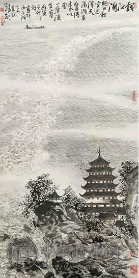 任颐 钱江潮 立轴 设色纸本