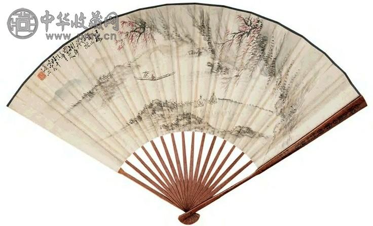 姚叔平 青山放舟图 成扇 设色纸本